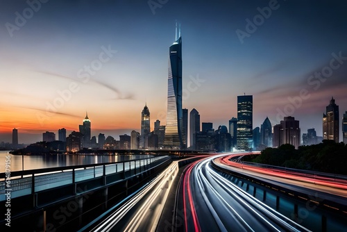 A sleek sedan driving across a modern urban skyline at twilight, with skyscrapers and city lights in the backdrop.