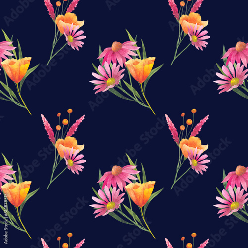Fototapeta Naklejka Na Ścianę i Meble -  Floral seamless pattern with abstract wildflowers, plants and delicate branches, watercolor print isolated on white background for textile or wallpapers, illustration in provence style.