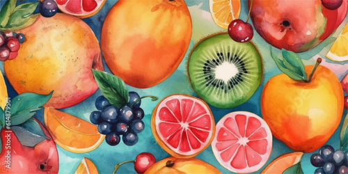 Fototapeta Naklejka Na Ścianę i Meble -  Fresh fruits and berries background. Colourful watercolour vector illustration.