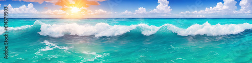 Panorama of ocean beach on a sunny day with waves crashing on the shore. Seascape illustration with turquoise water, sun and sky with white clouds. Generative AI