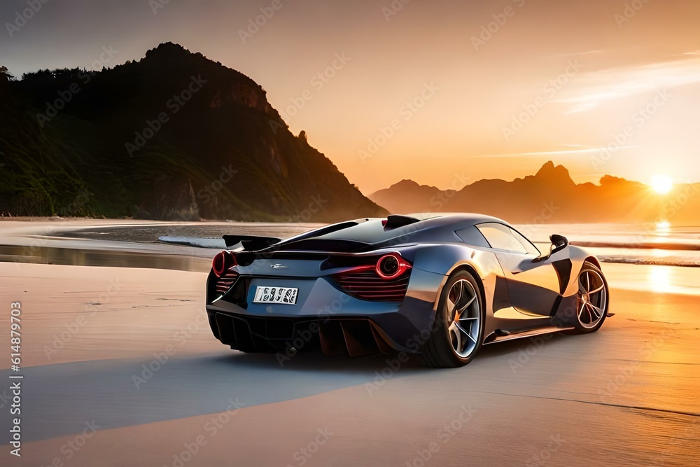 An exotic supercar parked in front of a stunning sunset on a tropical beach.