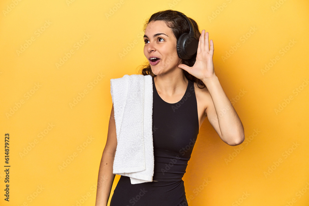 Athletic woman holding a towel, yellow background, trying to listening a gossip. Athletic woman holding a towel, yellow background, trying to listening a gossip.
