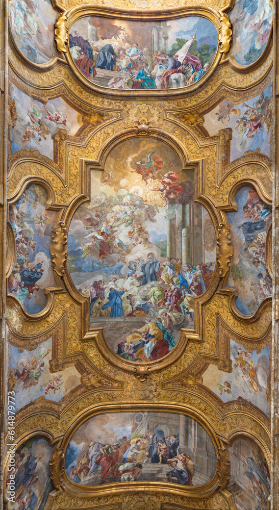 NAPLES, ITALY - APRIL 21, 2023: The ceiling fresco Scene from life of St. Benedict in the church Chiesa dei Santi Severino e Sossio by Francesco De Mura (1696 – 1782).