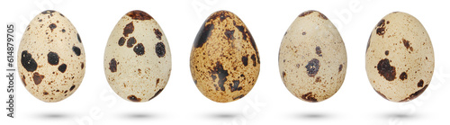 Quail eggs on a white isolated background. Natural ecological food. Quail eggs of natural spotted color.