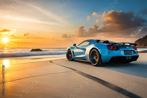An exotic supercar parked in front of a stunning sunset on a tropical beach. © Muhammad