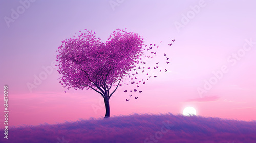 a pink beautiful tree in the style of a heart blowing in the wind, ai generated image