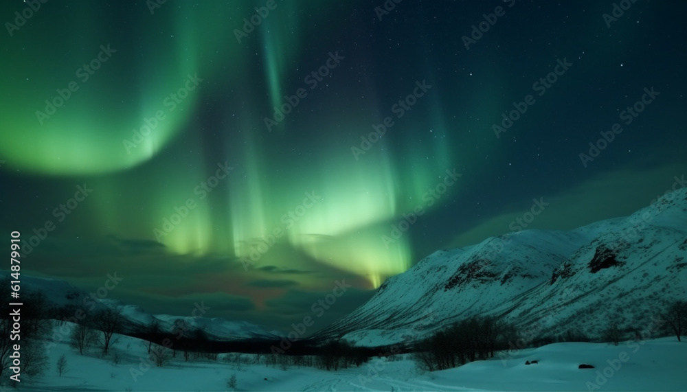 Night adventure in winter wonderland: glowing aurora over mountain peak generated by AI