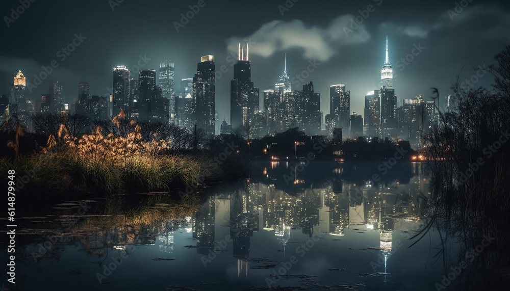 The modern city skyline glows with multi colored reflections at night generated by AI