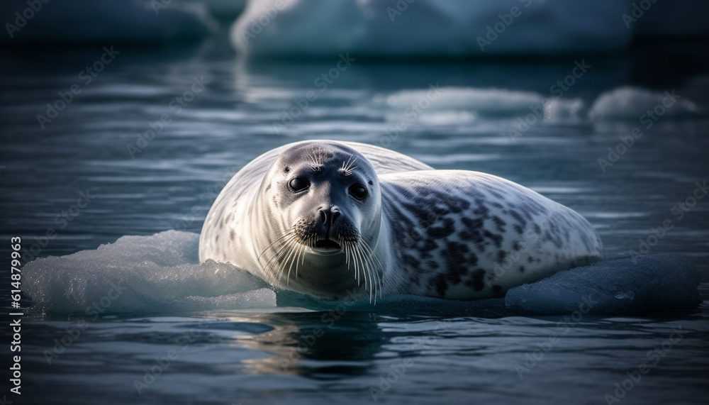 Fototapeta premium Fat seal pup resting on ice floe, looking at camera generated by AI