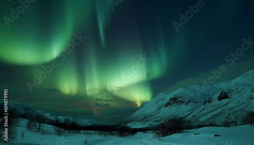 Night adventure in winter wonderland: glowing aurora over mountain peak generated by AI