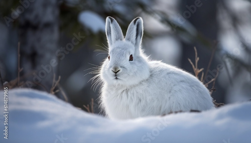 Fluffy hare sits in snow, ear focused, cute portrait captured generated by AI