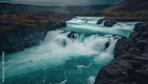 The majestic mountain range overlooks the flowing water and coastline generated by AI