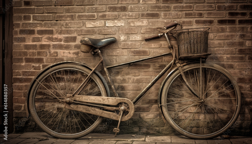 An old fashioned rusty bicycle with a basket against a brick wall generated by AI