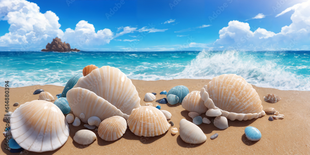 Ocean beach on a sunny day with big and small shells and sea stones. Seascape illustration with sand beach, waves, turquoise water and sky with white clouds. Generative AI Ocean beach on a sunny day with big and small shells and sea stones. Seascape illustration with sand beach, waves, turquoise water and sky with white clouds. Generative AI