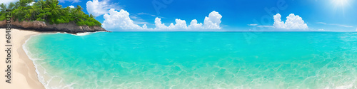 Panorama of ocean beach on a sunny day with waves crashing on the shore. Seascape illustration with sand beach, turquoise water, big rock covered with greenery, sun and sky with clouds. Generative AI