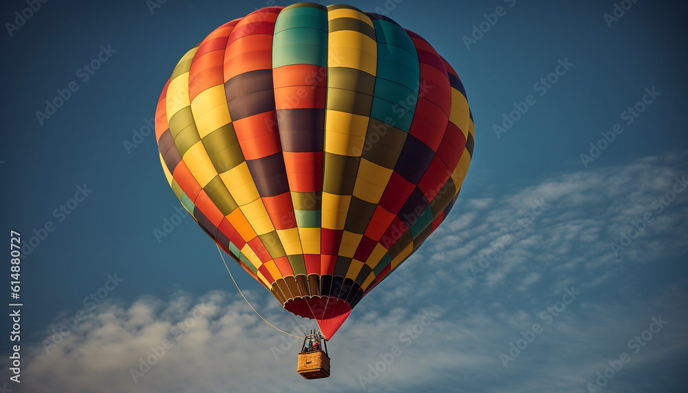 Naklejka premium Gliding high up in a multi colored hot air balloon adventure generated by AI