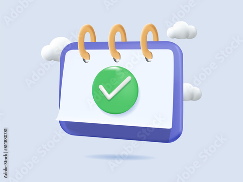 3D Calendar icon with check sign. 3D Web Vector Illustrations. Agenda, schedule. Deadlines and time management