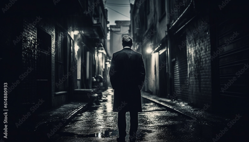 One man walking in the dark, a city lonely silhouette generated by AI