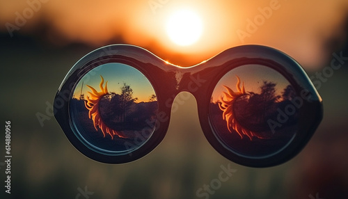 Love in the sunset, heart shaped sunglasses reflect nature beauty generated by AI © Stockgiu