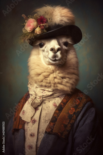 An anthropomorphic alpaca in a renaissance painted style. © KG