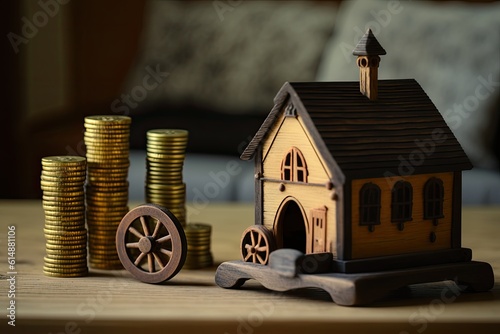 miniature house with a heap of golden coins beside i. Generative AI photo