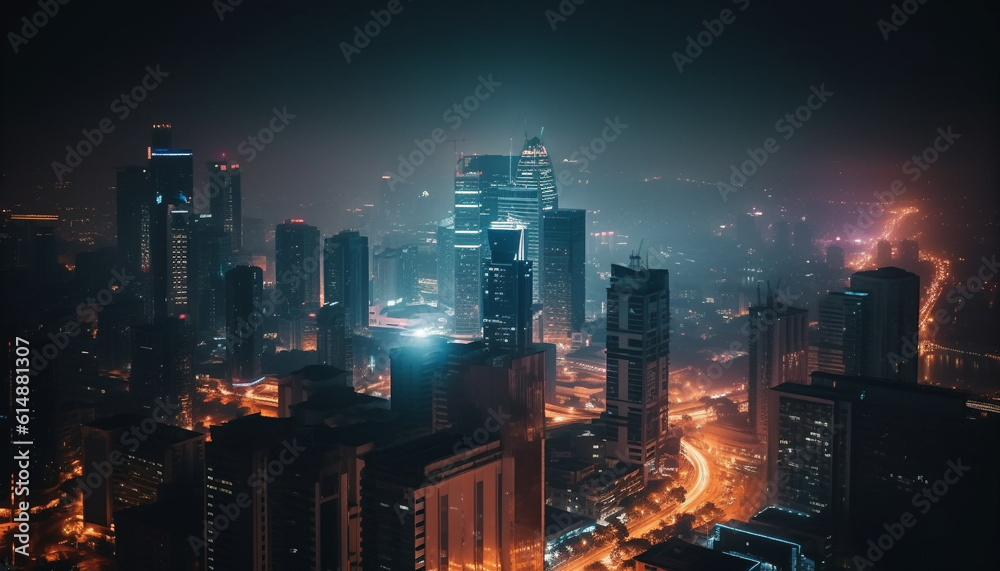 Nighttime cityscape of financial district, skyscrapers illuminated in blue generated by AI