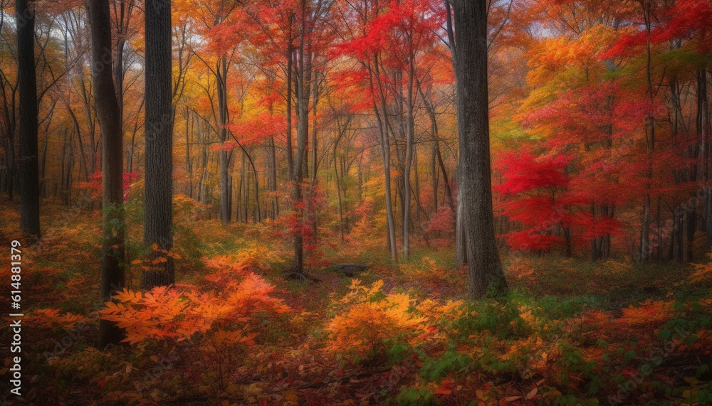 Fototapeta premium Tranquil autumn forest: vibrant colors, multi colored leaves, serene wilderness scene generated by AI
