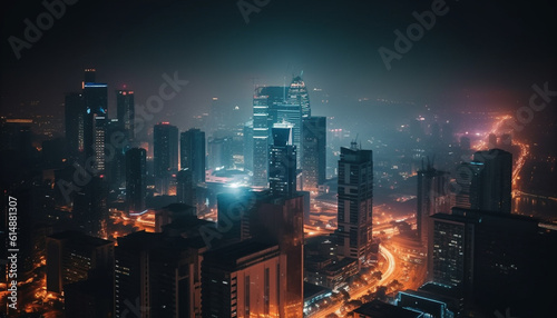 Nighttime cityscape of financial district, skyscrapers illuminated in blue generated by AI