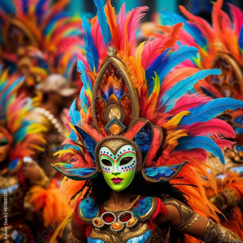 Illustration, AI generation, Brazilian carnival colorful and vibrant. A portrait of a participant. © MaskaRad