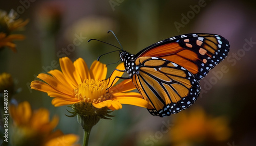 The monarch butterfly vibrant wings pollinate a single yellow daisy generated by AI © Stockgiu