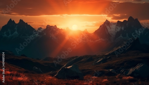 Majestic mountain peak back lit by sunset, a tranquil scene generated by AI