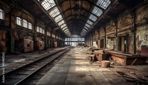 Spooky old factory, a rusty vanishing point of industrial history generated by AI