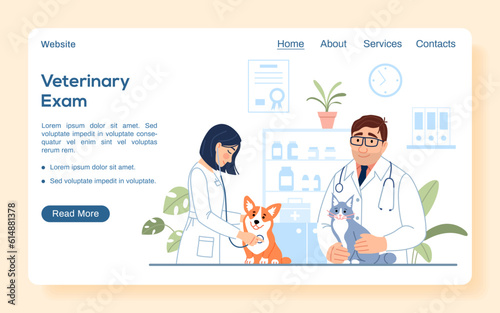 Male, female veterinarians with dog and cat examining cute animals on pet hospital background. Veterinary exam landing page. Flat line website template. Vet clinic internet page vector illustration.
