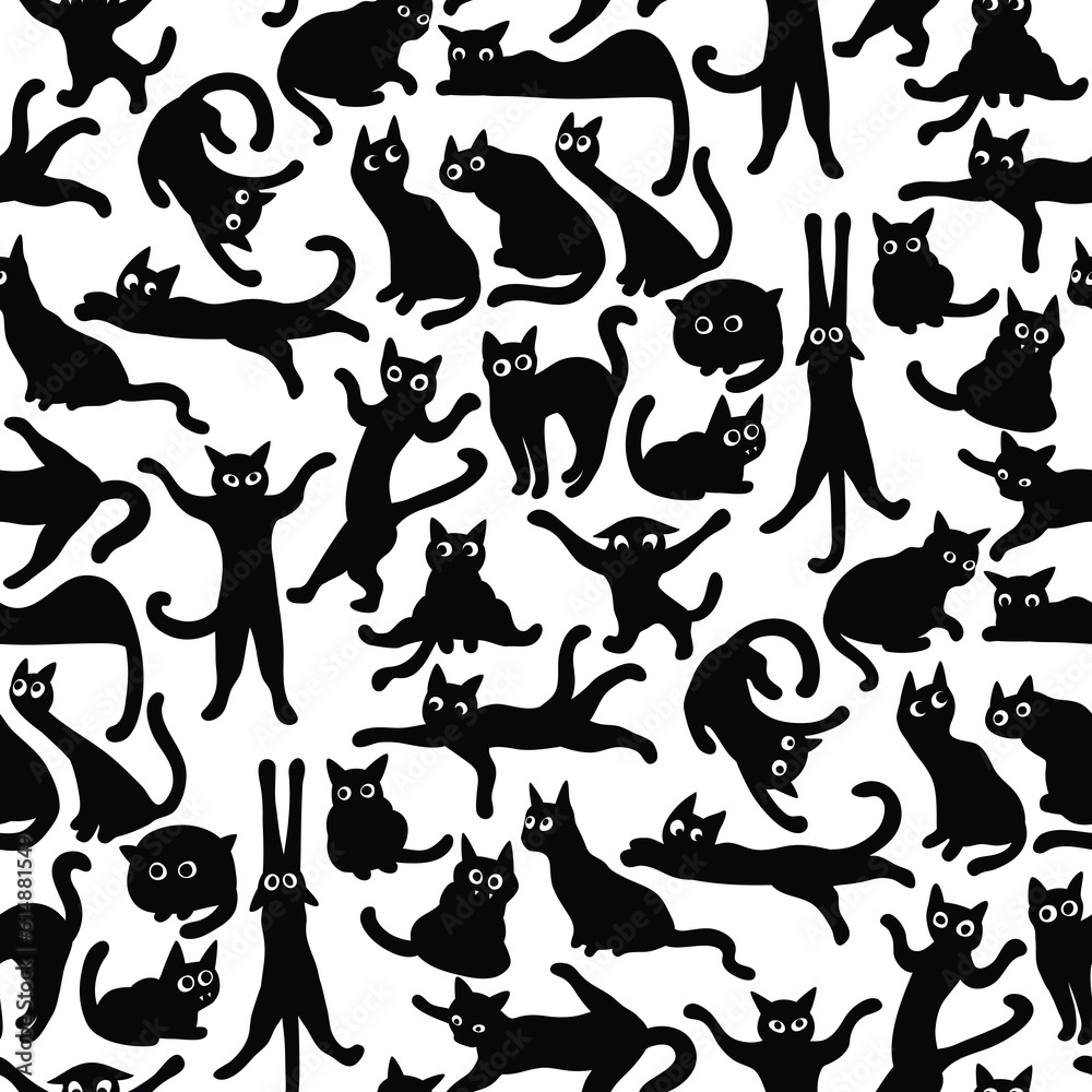 Seamless pattern with funny black cats
