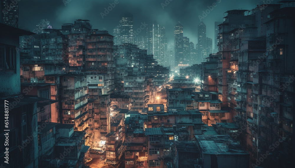 The illuminated city skyline at dusk, a modern metropolis generated by AI The illuminated city skyline at dusk, a modern metropolis generated by AI