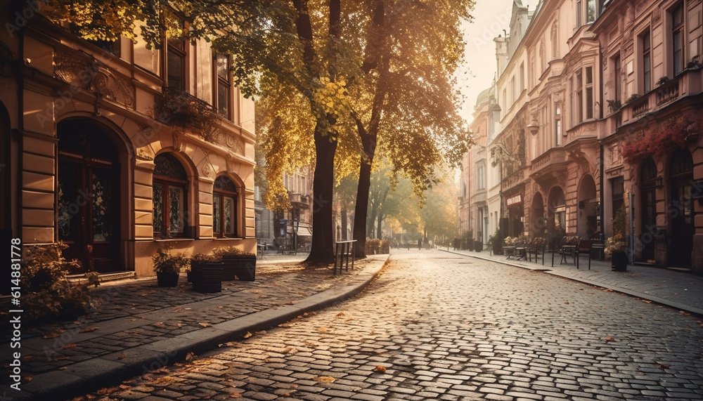 Fototapeta premium The old city architecture illuminated by the sunset sunlight generated by AI