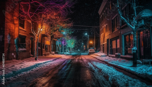 The old city street illuminated by multi colored street lights generated by AI