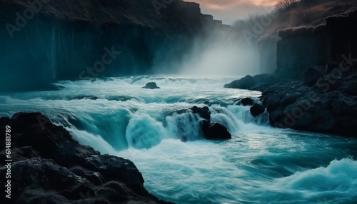 Flowing water cascades down majestic cliff, creating awe inspiring landscape generated by AI