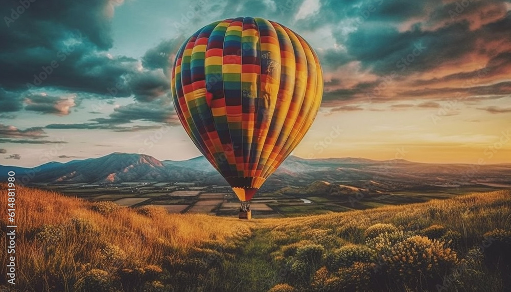 Fototapeta premium Adventure in the sky: Hot air balloon soars over mountain range generated by AI