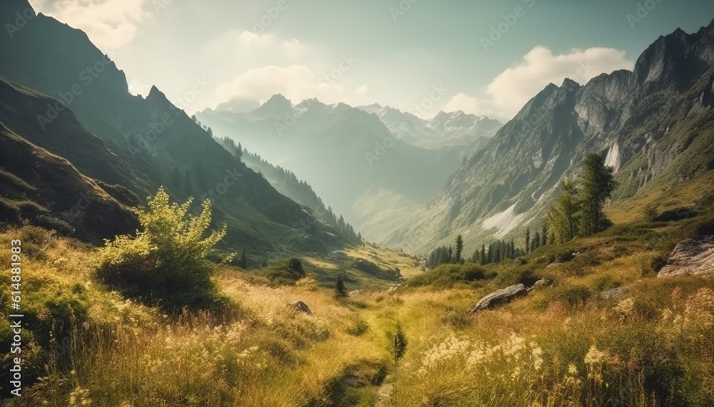 The majestic mountain range boasts a tranquil meadow and forest generated by AI