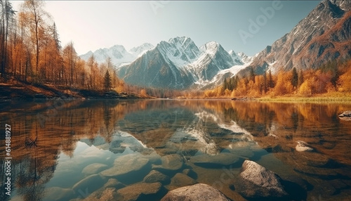 The majestic mountain range reflects in tranquil water  a beauty generated by AI
