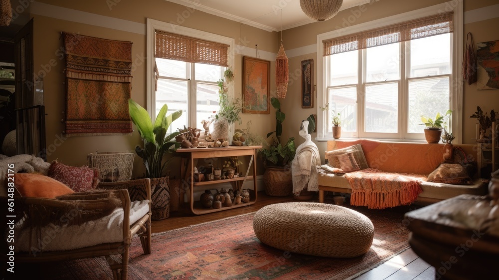 Interior design of Living Room in Bohemian style with Gallery wall ...