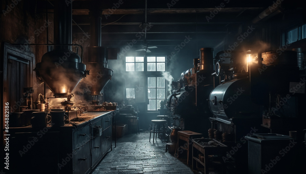 Old metal workshop with antique machinery and dirty steel equipment generated by AI Old metal workshop with antique machinery and dirty steel equipment generated by AI