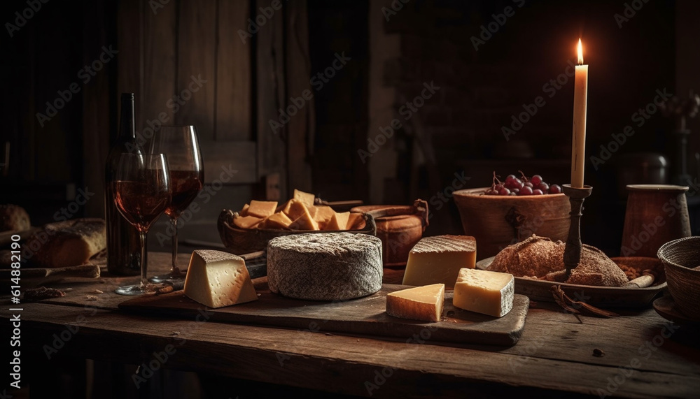 A rustic meal with fresh bread, wine, and Camembert cheese generated by AI A rustic meal with fresh bread, wine, and Camembert cheese generated by AI