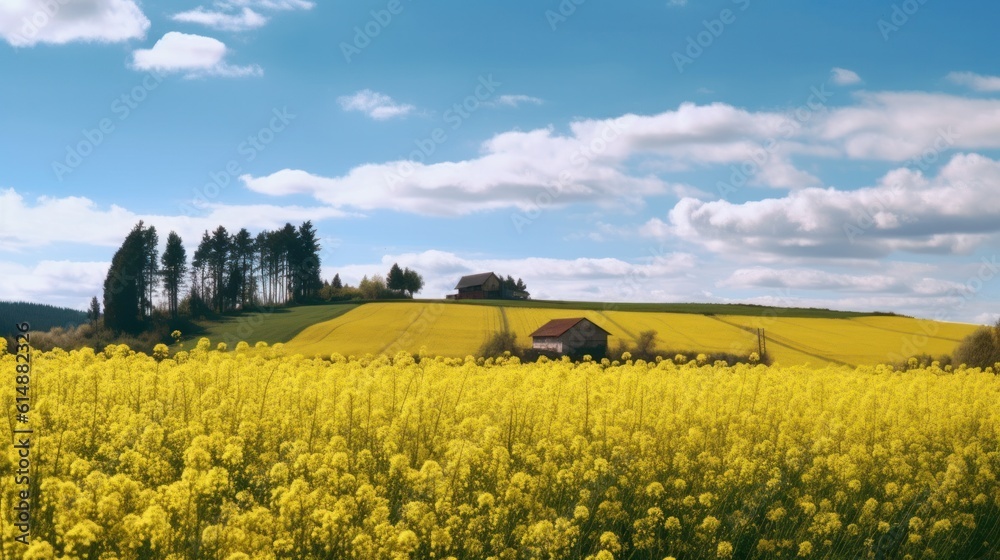 Blooming rapeseed field with a blue sky in summer. farm behind the field.Neural network AI generated
