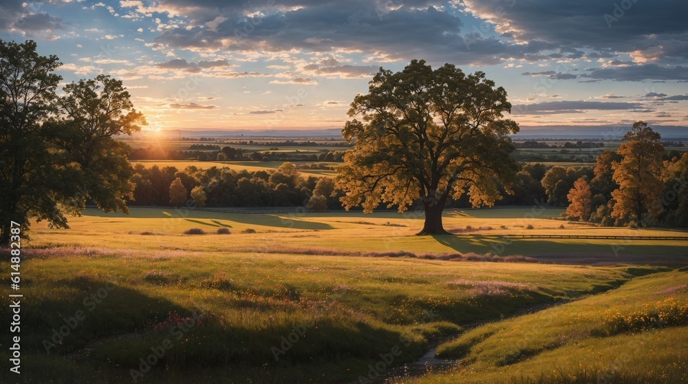 Naklejka premium Big oak tree landscape on sunset