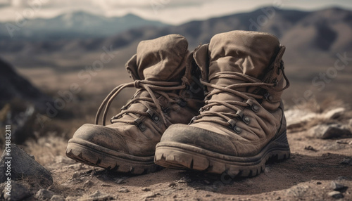 A dirty hiking boot, laced up for extreme terrain exploration generated by AI © Stockgiu