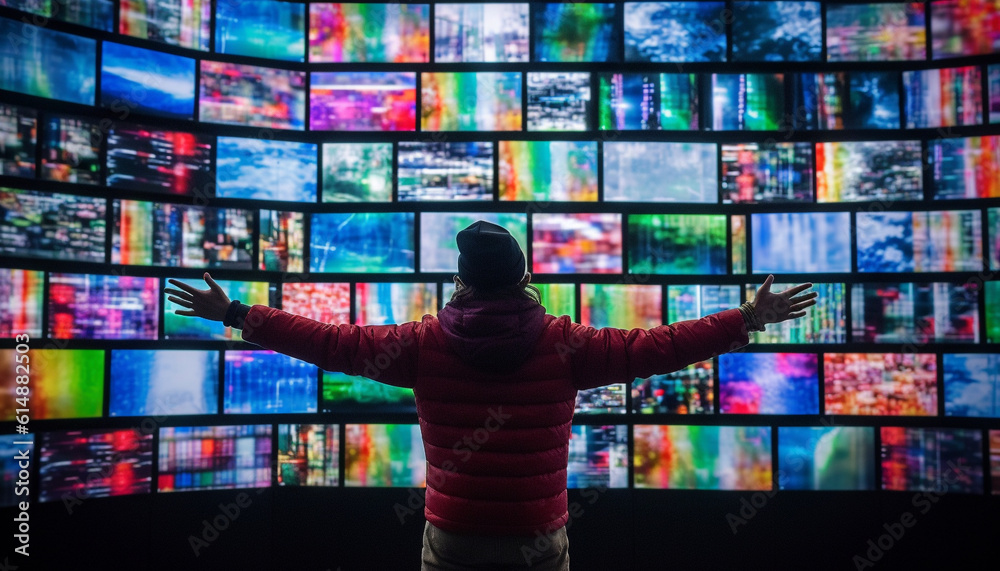 One person watching futuristic movie on wide screen television set generated by AI One person watching futuristic movie on wide screen television set generated by AI