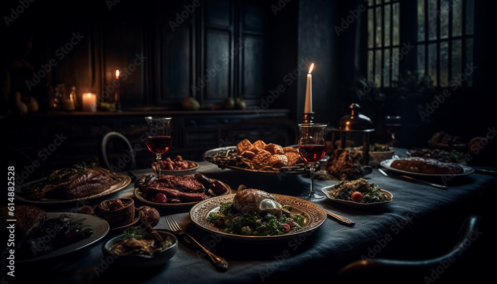 A gourmet meal on a rustic table with grilled meat generated by AI A gourmet meal on a rustic table with grilled meat generated by AI