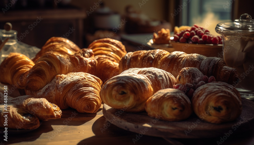 A rustic French croissant, baked fresh, ready to eat with indulgent sweetness generated by AI A rustic French croissant, baked fresh, ready to eat with indulgent sweetness generated by AI